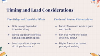 Timing and Load Considerations
Time Delays and Capacitive Effects
● Gate delays depend on
transistor sizing
● Wiring capacitance affects
signal propagation speed
● Load capacitance impacts
circuit performance
Fan-in and Fan-out Characteristics
● Fan-in: Maximum inputs a gate
can handle
● Fan-out: Number of gates
driven by output
● Higher fan-out increases
propagation delay
 