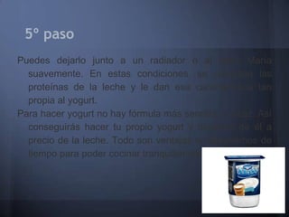 5º paso
Puedes dejarlo junto a un radiador o al baño María
  suavemente. En estas condiciones, se coagulan las
  proteínas de la leche y le dan esa característica tan
  propia al yogurt.
Para hacer yogurt no hay fórmula más sencilla y eficaz. Así
  conseguirás hacer tu propio yogurt y disponer de él a
  precio de la leche. Todo son ventajas si disponemos de
  tiempo para poder cocinar tranquilamente en casa.
 