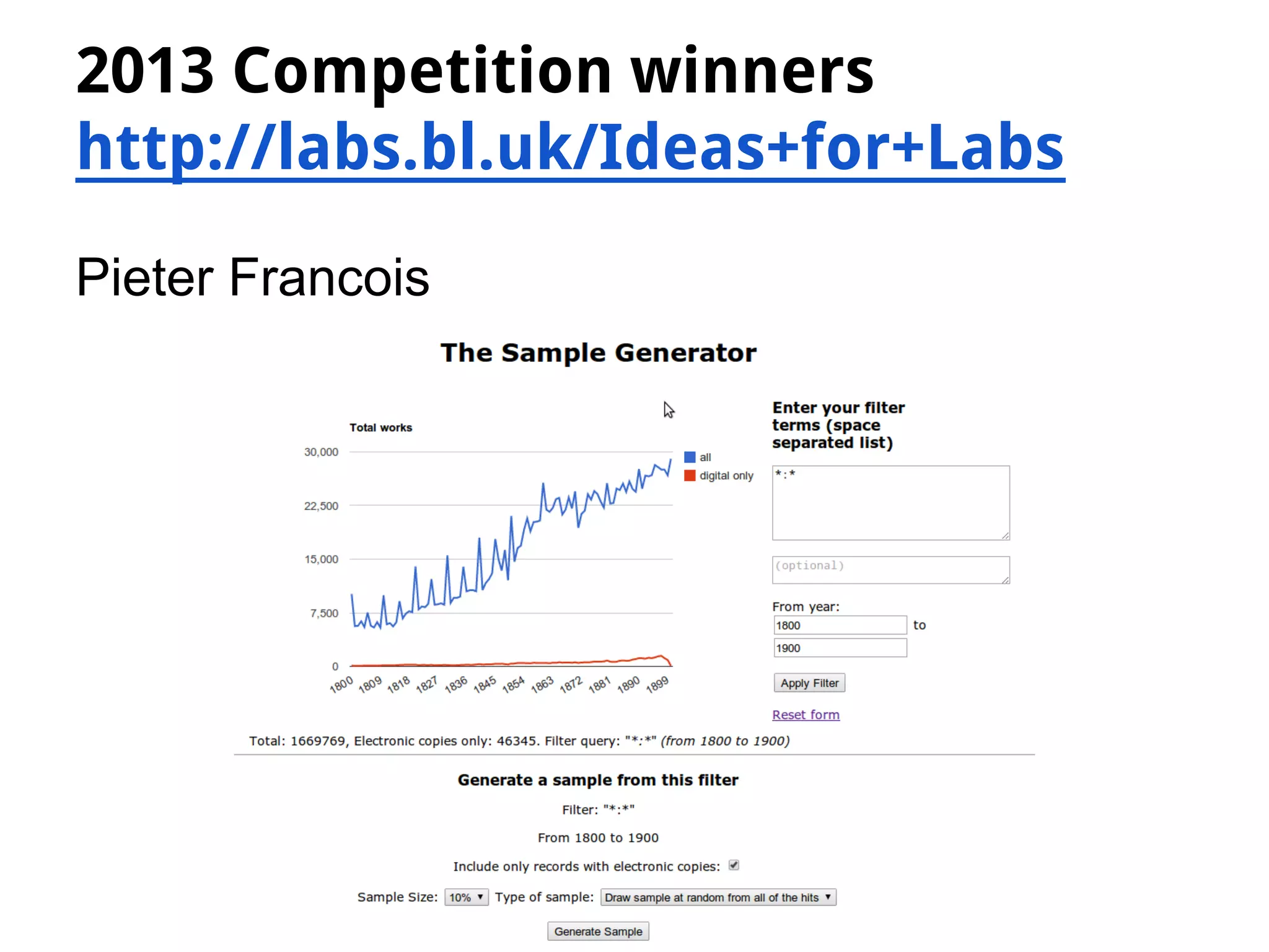 2013 Competition winners
http://labs.bl.uk/Ideas+for+Labs
Pieter Francois