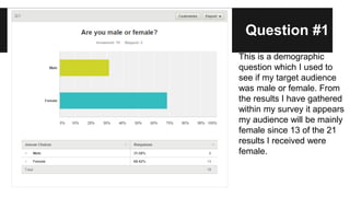 Question #1
This is a demographic
question which I used to
see if my target audience
was male or female. From
the results I have gathered
within my survey it appears
my audience will be mainly
female since 13 of the 21
results I received were
female.
 