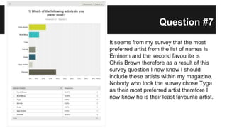 Question #7
It seems from my survey that the most
preferred artist from the list of names is
Eminem and the second favourite is
Chris Brown therefore as a result of this
survey question I now know I should
include these artists within my magazine.
Nobody who took the survey chose Tyga
as their most preferred artist therefore I
now know he is their least favourite artist.
 