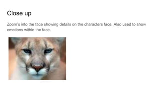 Close up
Zoom’s into the face showing details on the characters face. Also used to show
emotions within the face.
 