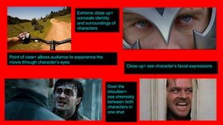 Point of view= allows audience to experience the
movie through character’s eyes
Over the
shoulder=
see chemistry
between both
characters in
one shot
Extreme close up=
conceals identity
and surroundings of
characters
Close up= see character’s facial expressions
 