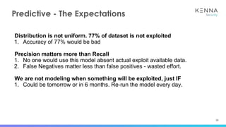 38
Predictive - The Expectations
Distribution is not uniform. 77% of dataset is not exploited
1. Accuracy of 77% would be bad
Precision matters more than Recall
1. No one would use this model absent actual exploit available data.
2. False Negatives matter less than false positives - wasted effort.
We are not modeling when something will be exploited, just IF
1. Could be tomorrow or in 6 months. Re-run the model every day.
 