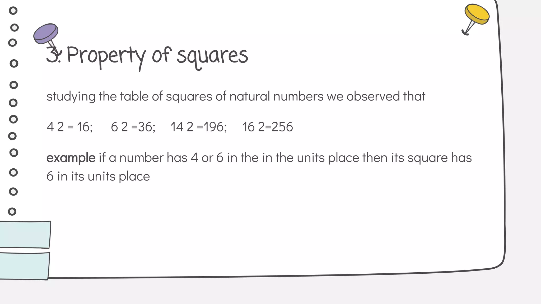 studying the table of squares of natural numbers we observed that
4 2 = 16; 6 2 =36; 14 2 =196; 16 2=256
example if a number has 4 or 6 in the in the units place then its square has
6 in its units place
3. Property of squares
 