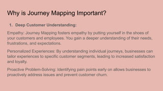 Why is Journey Mapping Important?
1. Deep Customer Understanding:
Empathy: Journey Mapping fosters empathy by putting yourself in the shoes of
your customers and employees. You gain a deeper understanding of their needs,
frustrations, and expectations.
Personalized Experiences: By understanding individual journeys, businesses can
tailor experiences to specific customer segments, leading to increased satisfaction
and loyalty.
Proactive Problem-Solving: Identifying pain points early on allows businesses to
proactively address issues and prevent customer churn.
 