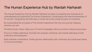 The Human Experience Hub by Wardah Harharah
The Human Experience Hub by Wardah Harharah provides a comprehensive framework for
understanding and optimizing The Human Experience. It emphasizes the interconnectedness of
CX and EX, recognizing that both play a crucial role in the overall success of a business.
By incorporating the principles of The Human Experience Hub into your journey mapping
process, you can:
Prioritize human values: Align your CX and EX strategies with your brand's values and purpose.
Focus on holistic well-being: Consider the physical, emotional, and mental well-being of both
customers and employees.
Build authentic connections: Foster genuine relationships with customers and employees based
on trust and empathy.
 