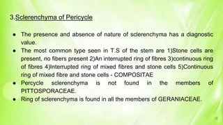 3.Sclerenchyma of Pericycle
● The presence and absence of nature of sclerenchyma has a diagnostic
value.
● The most common type seen in T.S of the stem are 1)Stone cells are
present, no fibers present 2)An interrupted ring of fibres 3)continuous ring
of fibres 4)Interrupted ring of mixed fibres and stone cells 5)Continuous
ring of mixed fibre and stone cells - COMPOSITAE
● Percycle sclerenchyma is not found in the members of
PITTOSPORACEAE.
● Ring of sclerenchyma is found in all the members of GERANIACEAE.
12
 