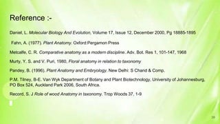 Reference :-
Daniel, L. Molecular Biology And Evolution, Volume 17, Issue 12, December 2000, Pg 18885-1895
Fahn, A. (1977). Plant Anatomy. Oxford:Pergamon Press
Metcalfe, C. R. Comparative anatomy as a modern discipline. Adv. Bot. Res 1, 101-147, 1968
Murty, Y. S. and V. Puri, 1980, Floral anatomy in relation to taxonomy
Pandey, B. (1996). Plant Anatomy and Embryology. New Delhi: S Chand & Comp.
P.M. Tilney, B-E. Van Wyk Department of Botany and Plant Biotechnology, University of Johannesburg,
PO Box 524, Auckland Park 2006, South Africa.
Record, S. J Role of wood Anatomy in taxonomy. Trop Woods 37, 1-9
39
 