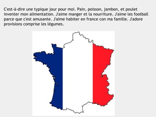 C'est-à-dire une typique jour pour moi. Pain, poisson, jambon, et poulet
inventer mon alimentation. J'aime manger et la nourriture. J'aime les football
parce que c'est amusante. J'aime habiter en france con ma famille. J'adore
provisions comprise les légumes.
 