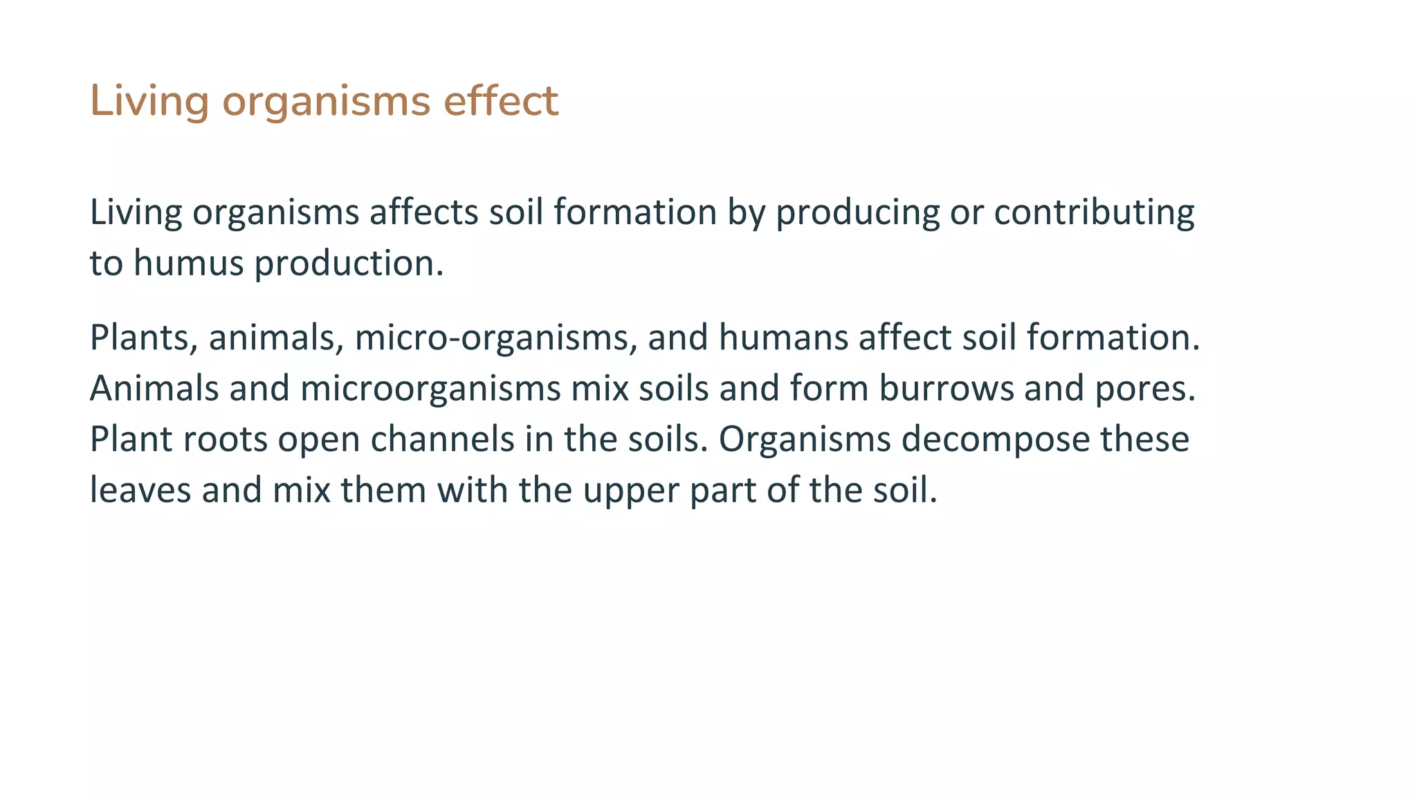 Living organisms effect
Living organisms affects soil formation by producing or contributing
to humus production.
Plants, animals, micro-organisms, and humans affect soil formation.
Animals and microorganisms mix soils and form burrows and pores.
Plant roots open channels in the soils. Organisms decompose these
leaves and mix them with the upper part of the soil.
 