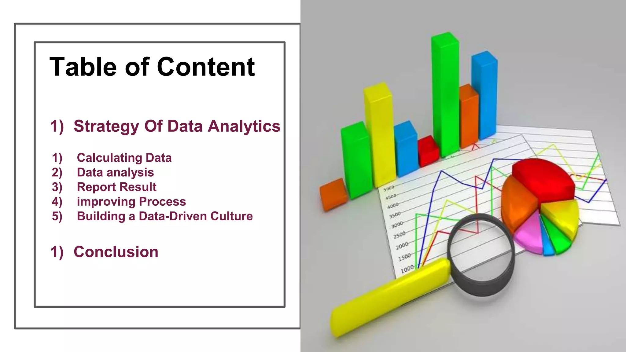 Table of Content
1) Strategy Of Data Analytics
1) Calculating Data
2) Data analysis
3) Report Result
4) improving Process
5) Building a Data-Driven Culture
1) Conclusion
 
