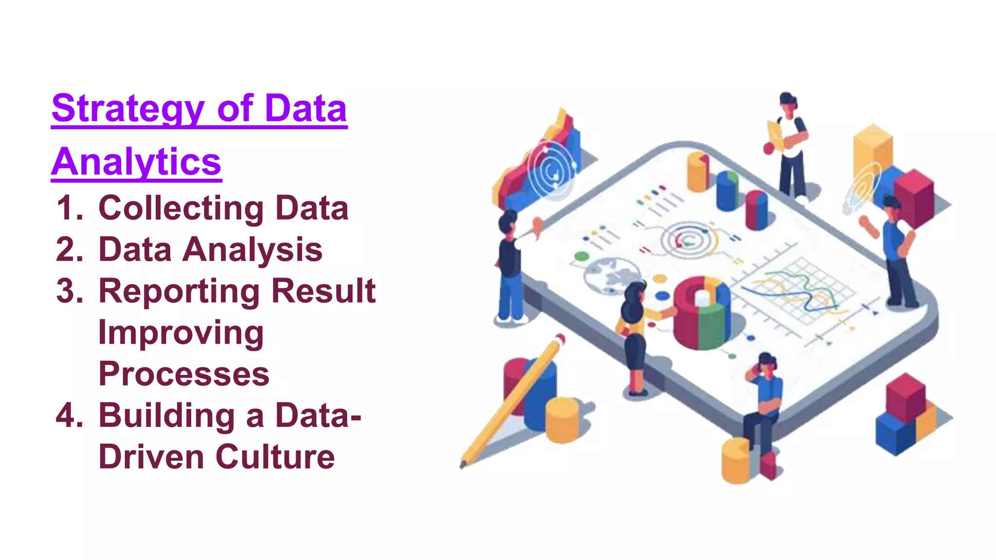 1. Collecting Data
2. Data Analysis
3. Reporting Result
Improving
Processes
4. Building a Data-
Driven Culture
Strategy of Data
Analytics
 