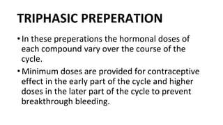 TRIPHASIC PREPERATION
•In these preperations the hormonal doses of
each compound vary over the course of the
cycle.
•Minimum doses are provided for contraceptive
effect in the early part of the cycle and higher
doses in the later part of the cycle to prevent
breakthrough bleeding.
 