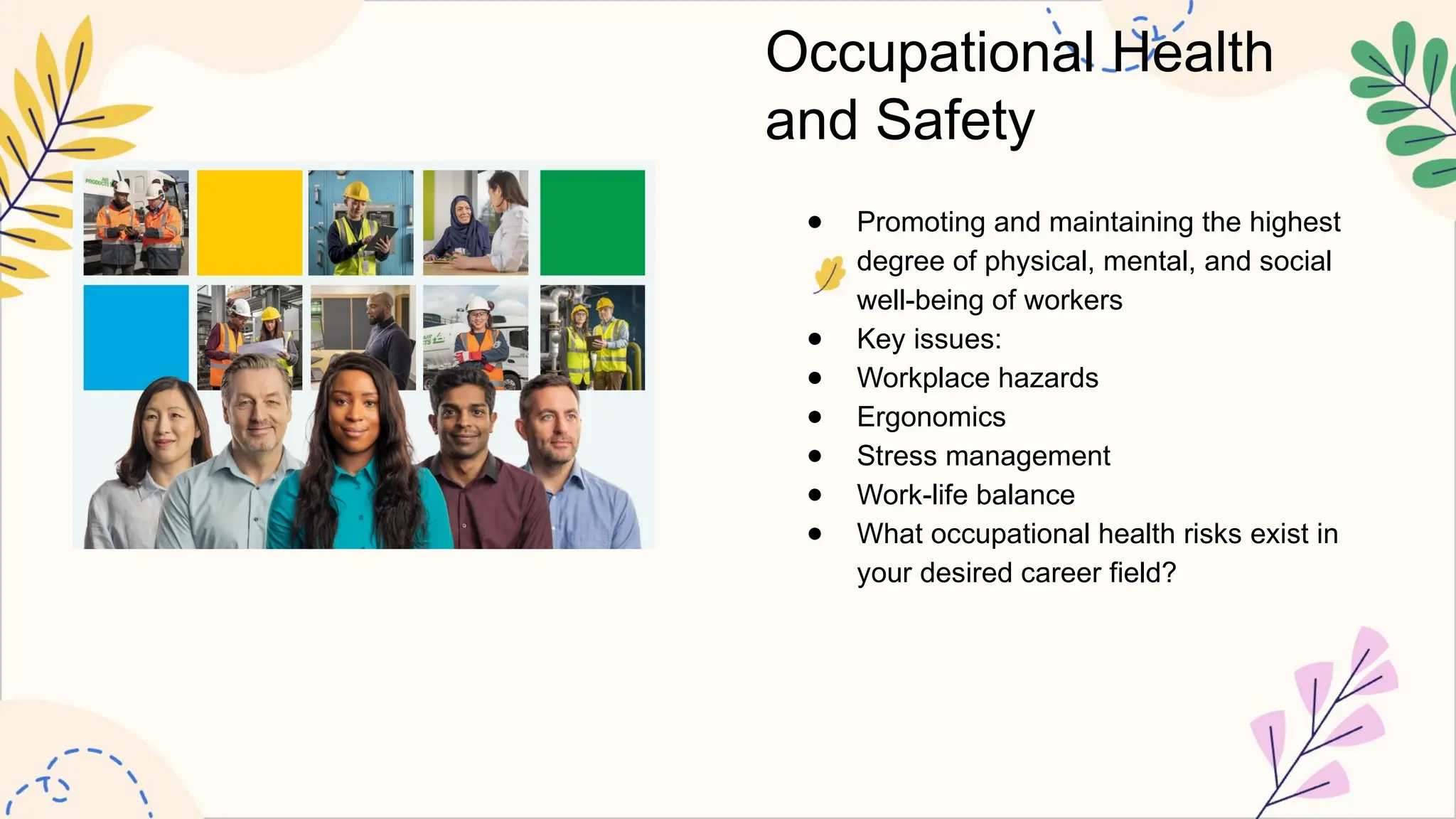 Occupational Health
and Safety
● Promoting and maintaining the highest
degree of physical, mental, and social
well-being of workers
● Key issues:
● Workplace hazards
● Ergonomics
● Stress management
● Work-life balance
● What occupational health risks exist in
your desired career field?
 