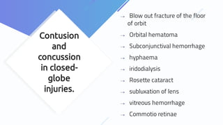 Contusion
and
concussion
in closed-
globe
injuries.
⇢ Blow out fracture of the floor
of orbit
⇢ Orbital hematoma
⇢ Subconjunctival hemorrhage
⇢ hyphaema
⇢ iridodialysis
⇢ Rosette cataract
⇢ subluxation of lens
⇢ vitreous hemorrhage
⇢ Commotio retinae
 