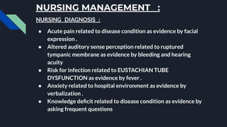NURSING MANAGEMENT :
NURSING DIAGNOSIS :
● Acute pain related to disease condition as evidence by facial
expression .
● Altered auditory sense perception related to ruptured
tympanic membrane as evidence by bleeding and hearing
acuity
● Risk for infection related to EUSTACHIAN TUBE
DYSFUNCTION as evidence by fever .
● Anxiety related to hospital environment as evidence by
verbalization .
● Knowledge deﬁcit related to disease condition as evidence by
asking frequent questions
 