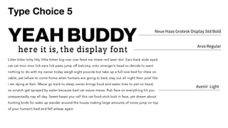 Type Choice 5
Neue Haas Grotesk Display Std Bold
Arvo Regular
Avenir Light
 