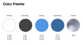 Color Palette
Primary Secondary Tertiary Texture
R: 255
G: 255
B: 255
R: 69
G: 69
B: 69
R: 92
G: 164
B: 220
Steel
Quaternary
R: 75
G: 105
B: 158
 