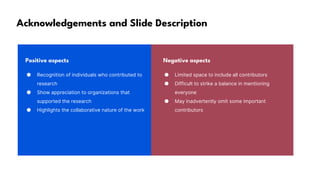 Acknowledgements and Slide Description
Positive aspects Negative aspects
● Recognition of individuals who contributed to
research
● Show appreciation to organizations that
supported the research
● Highlights the collaborative nature of the work
● Limited space to include all contributors
● Difficult to strike a balance in mentioning
everyone
● May inadvertently omit some important
contributors
 