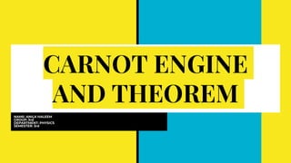 CARNOT ENGINE
AND THEOREM
NAME: ANILA HALEEM
GROUP: 3rd
DEPARTMENT: PHYSICS
SEMESTER: 3rd
 