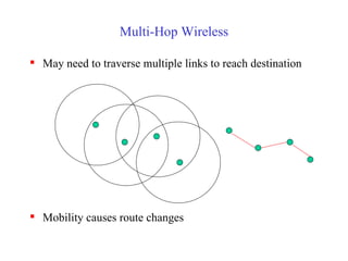 Multi-Hop Wireless May need to traverse multiple links to reach destination Mobility causes route changes 