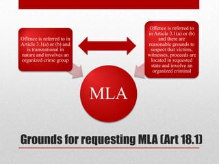 Offence is referred to
                                  in Article 3.1(a) or (b)
Offence is referred to in              and there are
Article 3.1(a) or (b) and         reasonable grounds to
   is transnational in             suspect that victims,
nature and involves an            witnesses, proceeds are
organized crime group              located in requested
                                   state and involve an
                                    organized criminal




                            MLA

Grounds for requesting MLA (Art 18.1)
 