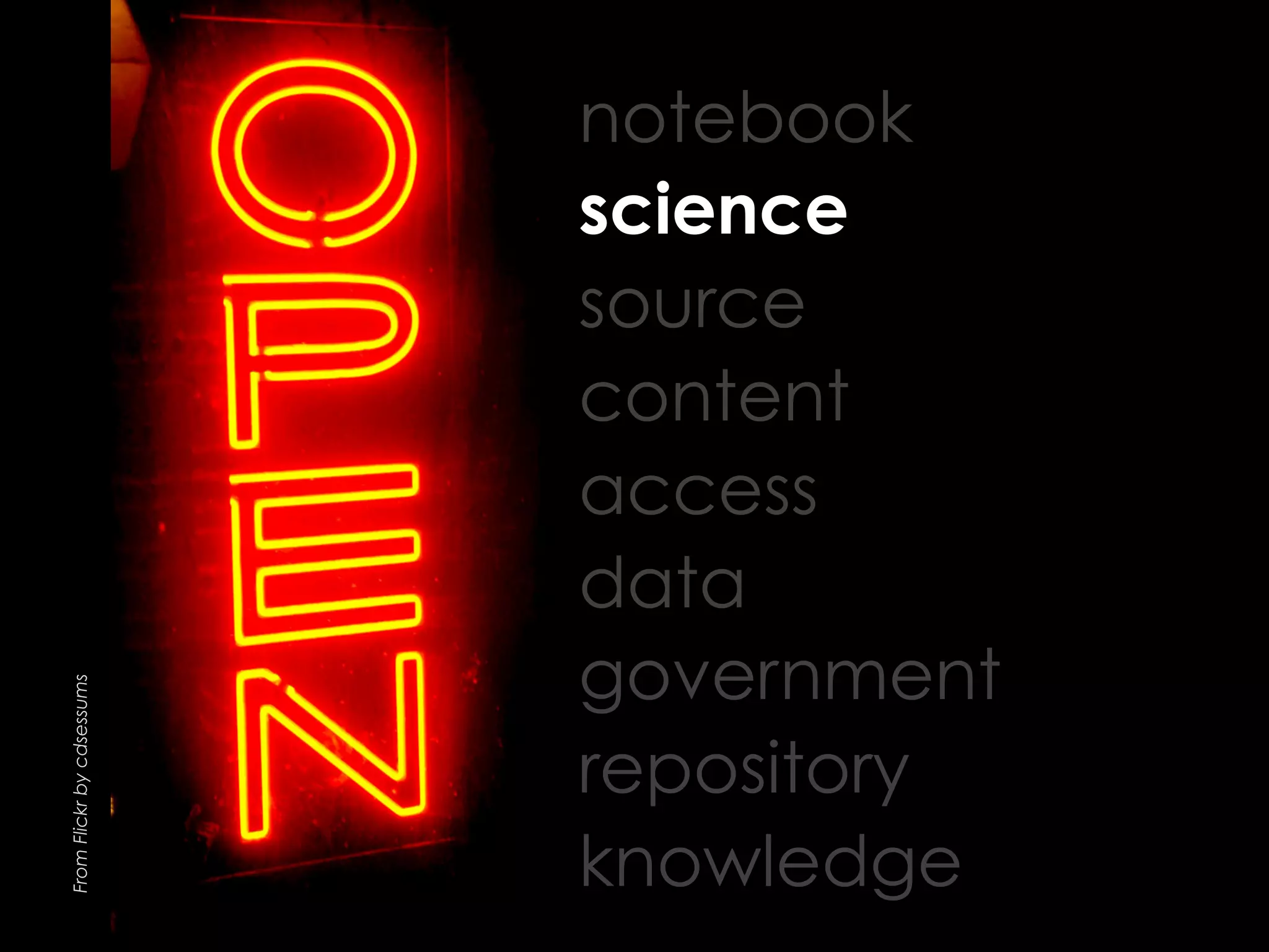 From Flickr by cdsessums

notebook
science
source
content
access
data
government
repository
knowledge

 