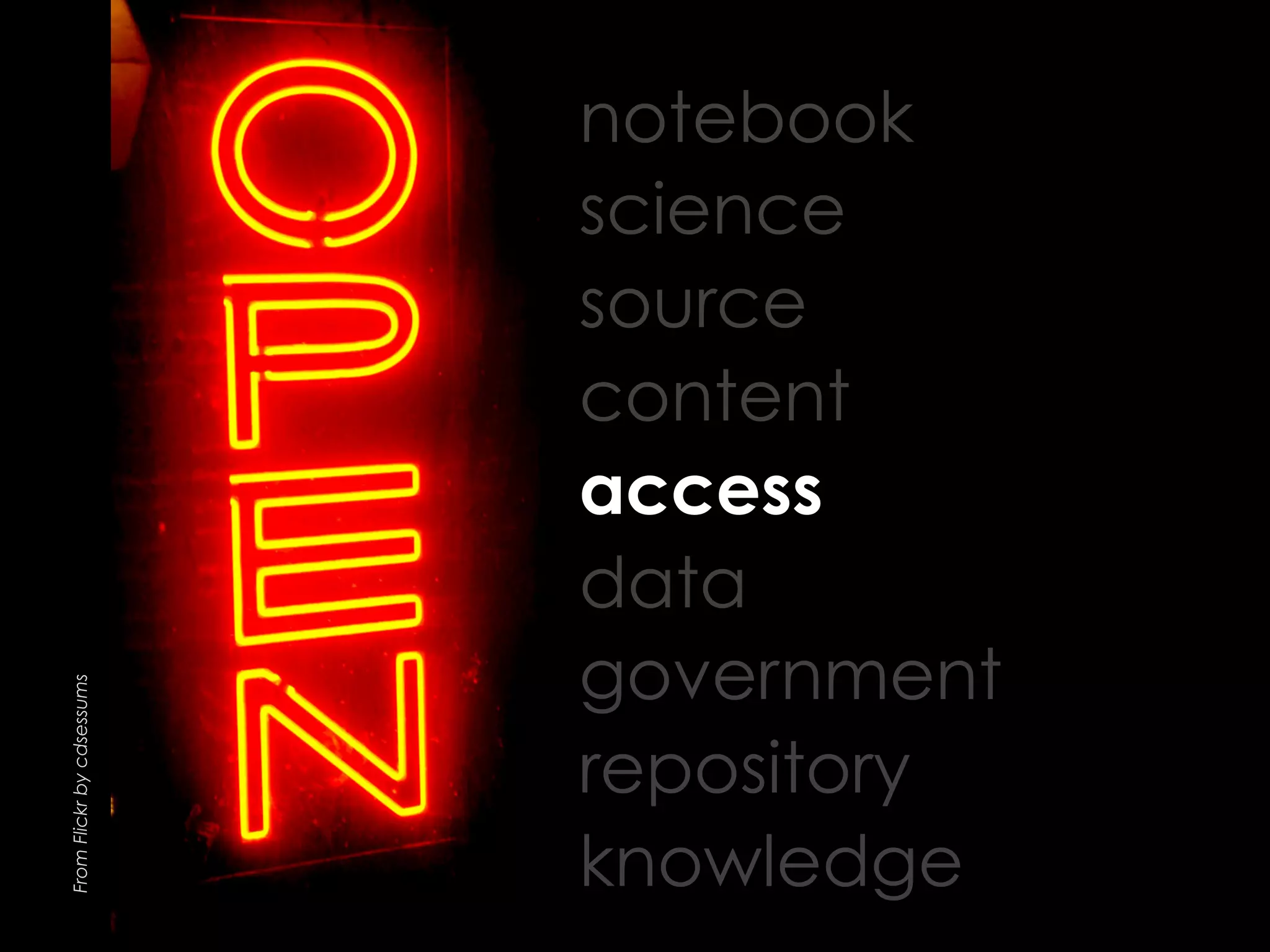 From Flickr by cdsessums

notebook
science
source
content
access
data
government
repository
knowledge

 
