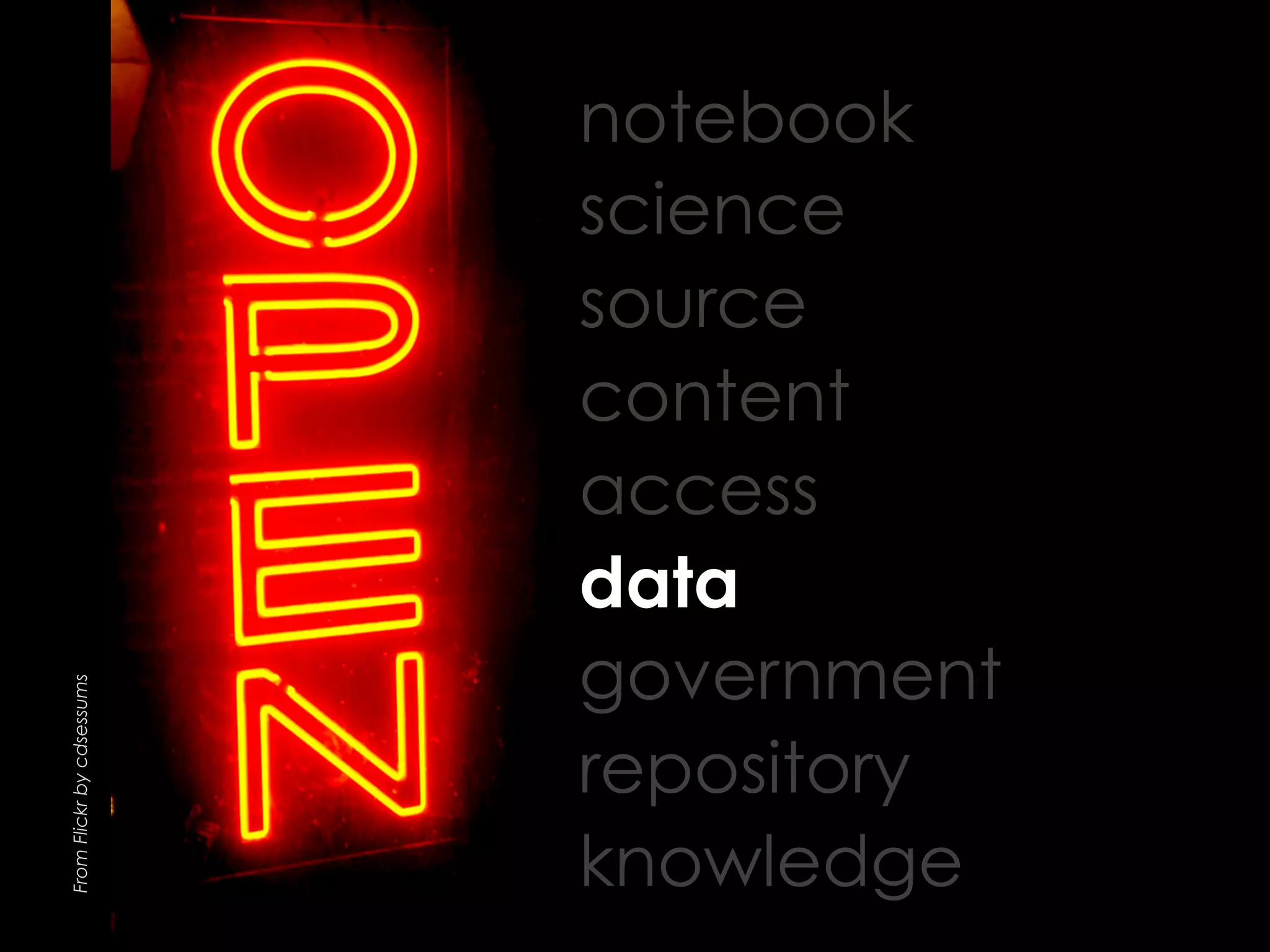 From Flickr by cdsessums

notebook
science
source
content
access
data
government
repository
knowledge

 