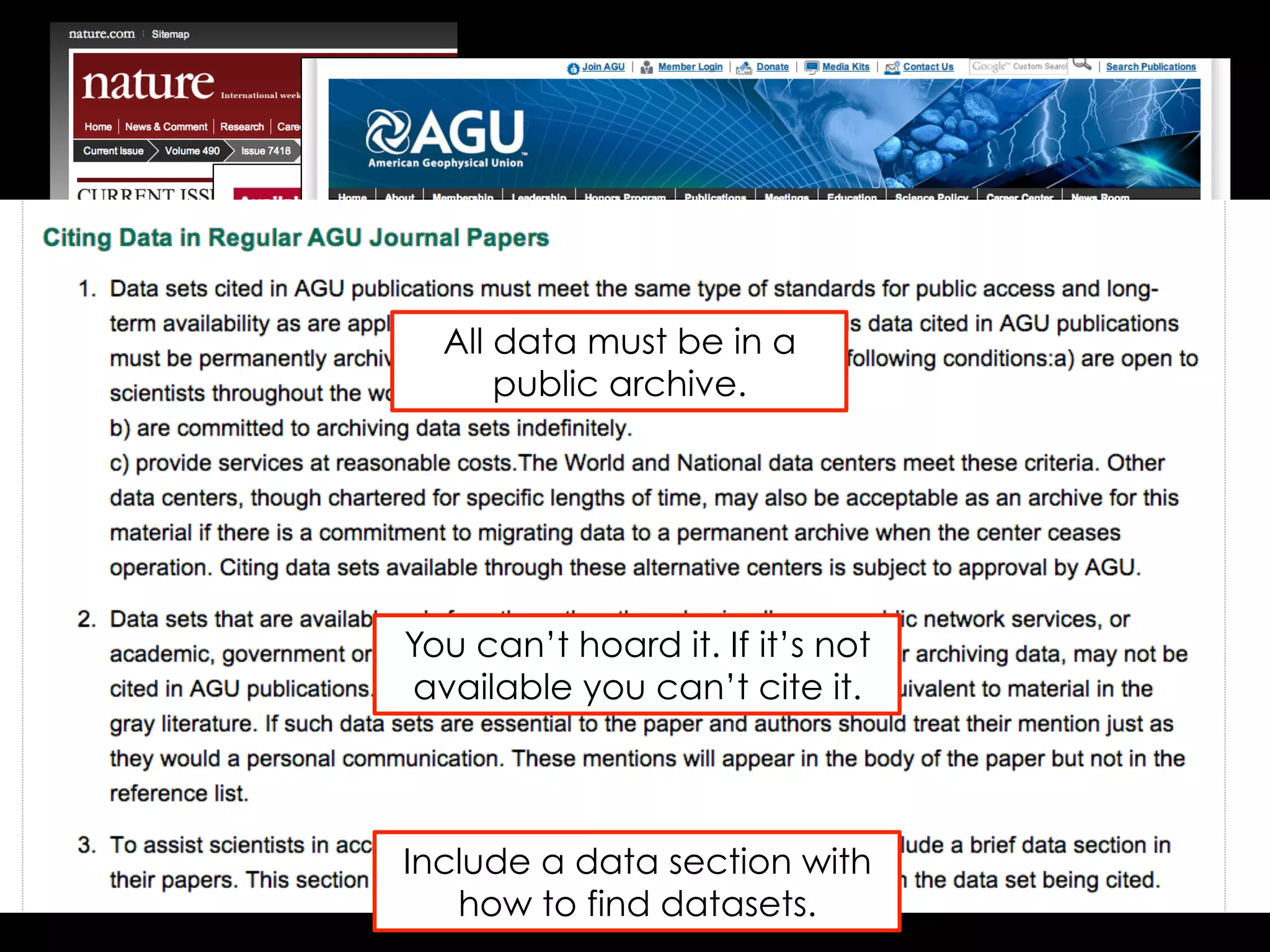 Because they care:
All data must be in a
public archive.

You can’t hoard it. If it’s not
available you can’t cite it.

Include a data section with
how to find datasets.

 