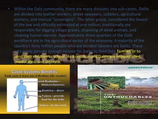 • Within the Dalit community, there are many divisions into sub-castes. Dalits
are divided into leather workers, street sweepers, cobblers, agricultural
workers, and manual "scavengers". The latter group, considered the lowest
of the low and officially estimated at one million, traditionally are
responsible for digging village graves, disposing of dead animals, and
cleaning human excreta. Approximately three-quarters of the Dalit
workforce are in the agricultural sector of the economy. A majority of the
country’s forty million people who are bonded laborers are Dalits. These
jobs rarely provide enough income for Dalits to feed their families or to
send their children to school. As a result, many Dalits are impoverished,
uneducated, and illiterate.
 