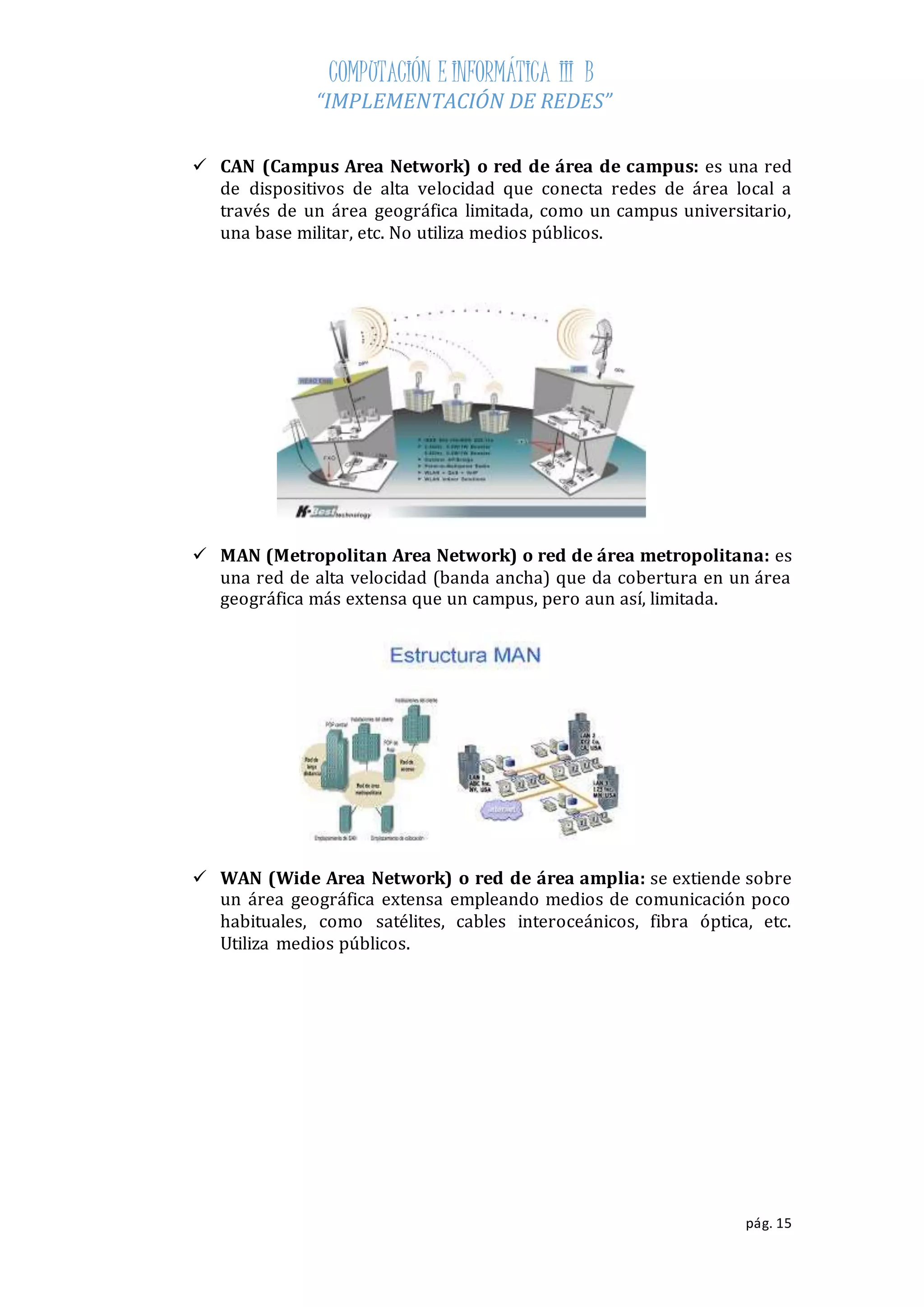 COMPUTACIÓN E INFORMÁTICA III B 
“IMPLEMENTACIÓN DE REDES” 
 CAN (Campus Area Network) o red de área de campus: es una red 
de dispositivos de alta velocidad que conecta redes de área local a 
través de un área geográfica limitada, como un campus universitario, 
una base militar, etc. No utiliza medios públicos. 
 MAN (Metropolitan Area Network) o red de área metropolitana: es 
una red de alta velocidad (banda ancha) que da cobertura en un área 
geográfica más extensa que un campus, pero aun así, limitada. 
 WAN (Wide Area Network) o red de área amplia: se extiende sobre 
un área geográfica extensa empleando medios de comunicación poco 
habituales, como satélites, cables interoceánicos, fibra óptica, etc. 
Utiliza medios públicos. 
pág. 15 
 
