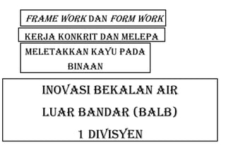 FRAME WORK DAN FORM WORK
KERJA KONKRIT DAN MELEPA
MELETAKKAN KAYU PADA
       BINAAN

   INOVASI BEKALAN AIR
   LUAR BANDAR (BALB)
         1 DIVISYEN
 