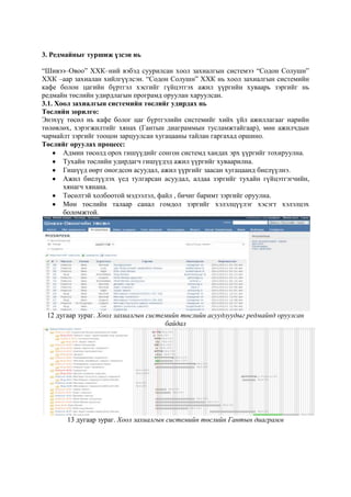 3. Редмайныг туршиж үзсэн нь
“Шивээ–Овоо” ХХК–ний вэбэд суурилсан хоол захиалгын системээ “Содон Солушн”
ХХК –аар захиалан хийлгүүлсэн. “Содон Солушн” ХХК нь хоол захиалгын системийн
кафе болон цагийн бүртгэл хэсгийг гүйцэтгэх ажил үүргийн хуваарь зэргийг нь
редмайн төслийн удирдлагын програмд оруулан харуулсан.
3.1. Хоол захиалгын системийн төслийг удирдах нь
Төслийн зорилго:
Энэхүү төсөл нь кафе болог цаг бүртгэлийн системийг хийх үйл ажиллагааг нарийн
төлөвлөх, хэрэгжилтийг хянах (Гантын диаграммын тусламжтайгаар), мөн ажилчдын
чармайлт зэргийг тооцон зарцуулсан хугацааны тайлан гаргахад оршино.
Төслийг оруулах процесс:
Админ төсөлд орох гишүүдийг сонгон системд хандах эрх үүргийг тохируулна.
Тухайн төслийн удирдагч гишүүдэд ажил үүргийг хуваарилна.
Гишүүд өөрт оногдсон асуудал, ажил үүргийг заасан хугацаанд биелүүлнэ.
Ажил биелүүлэх үед тулгарсан асуудал, алдаа зэргийг тухайн гүйцэтгэгчийн,
хянагч хянана.
Төсөлтэй холбоотой мэдээлэл, файл , бичиг баримт зэргийг оруулна.
Мөн төслийн талаар санал гомдол зэргийг хэлэлцүүлэг хэсэгт хэлэлцэх
боломжтой.

12 дугаар зураг. Хоол захиалгын системийн төслийн асуудлуудыг редмайнд оруулсан
байдал

13 дугаар зураг. Хоол захиалгын системийн төслийн Гантын диаграмм

 