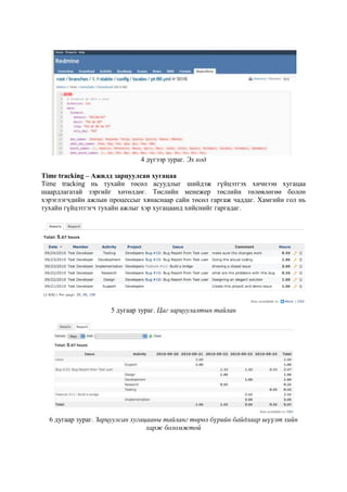 4 дүгээр зураг. Эх код
Time tracking – Ажилд зарцуулсан хугацаа
Time tracking нь тухайн төсөл асуудлыг шийдэж гүйцэтгэх хичнээн хугацаа
шаардлагатай зэргийг хөтөлдөг. Төслийн менежер төслийн төлөвлөгөө болон
хэрэглэгчдийн ажлын процессыг хянаснаар сайн төсөл гаргаж чаддаг. Хамгийн гол нь
тухайн гүйцэтгэгч тухайн ажлыг хэр хугацаанд хийснийг гаргадаг.

5 дугаар зураг. Цаг зарцуулалтын тайлан

6 дугаар зураг. Зарцуулсан хугацааны тайланг төрөл бүрийн байдлаар шүүлт хийн
харж боломжтой

 