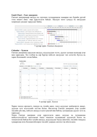 Gantt Chart – Гант диаграмм
Гантын диаграммaaр ажлууд нь хэрэгжих хугацаанаасаа хамааран янз бүрийн урттай
тэгш өнцөгт (bar) –өөр дүрслэгдсэн байдаг. Шулуун эсвэл сумууд нь ажлуудын
хоорондох уялдааг харуулдаг байна.

7 дугаар зураг. Гантын диаграмм
Calendar – Хуанли
Гантын диаграммд оруулсан ажлууд, асуудлуудын эхлэх, дуусах хугацаа календар дээр
мөн харагдана. Энэ хэлбэр нь сар бүрээр хийгдэх ажлуудыг эмх цэгцтэй, бүхэлд нь
харах боломжийг олгож байна.

8 дугаар зураг. Хуанли
Харин төсөлд оролцогч, гишүүн нь тухайн ажил, эсвэл асуудлыг шийдвэрлэх явцыг,
дууссан эсэх мэдээллийг илгээж болно. Ингэснээр Гантын диаграмм дээр тухайн
төслийн үйл явц, хийгдэх ажлууд хэдэн хувьтай явж байгаа, хугацаандаа дуусах эсэх нь
харагддаг.
Хэрэв Гантын диаграмм дээр дүрслэгдсэн ажил, асуудал нь хугацаандаа
шийдэгдэхгүйгээс шалтгаалан төсөл товлосон хугацаандаа дуусахгүй болох нь
тооцоологож байгаа бол тухайн ажлууд, асуудлуудыг бусад ажилчин, төслийн гишүүнд
хуваарилаж өгөх боломжтойгоороо төслийг удирдах систем гэж ойлгогдоно.

 
