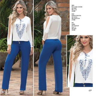 90070
Blusa en chalis con bordado
Talla: s,m,l,xl
$ 82,900
94422
Pantalón en olán de lino
Color: Azul rey
Talla: 6,8,10,12,14,16
$ 99,900
9104
Sandalia
Color: Animal print
Tacón: 7 ½
Talla: 36-40
$ 82,900
11
 
