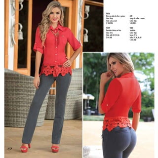 90016
90016
Blusa en olán de lino y guipur
Color: Rojo
Talla: s,m,l,xl,xxl
$ 104,900
94419
Pantalón clásico en lino
Color: Gris
Talla: 6,8,10,12,14,16
$ 84,900
680
Juego de collar y aretes
Color: Rojo
$ 34,900
9202
Sandalia
Color: Rojo
Tacón: 7 ½
Talla: 35,36,38,40
$ 104,900
54
 