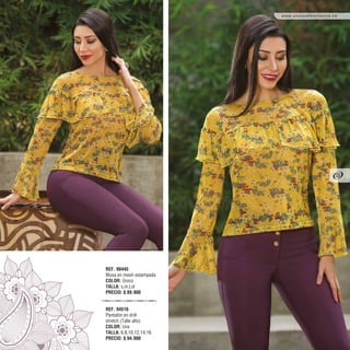 REF. 90445
Blusa en mesh estampada
COLOR: Único
TALLA: s,m,l,xl
PRECIO: $ 89.900
REF. 94516
Pantalón en drill
stretch (Talle alto)
COLOR: Uva
TALLA: 6,8,10,12,14,16
PRECIO: $ 94.900
www.unusualexclusive.co
33
 