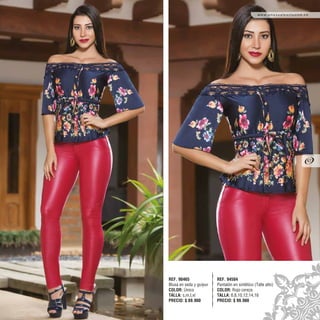 REF. 94504
Pantalón en sintético (Talle alto)
COLOR: Rojo cereza
TALLA: 6,8,10,12,14,16
PRECIO: $ 99.900
REF. 90465
Blusa en seda y guipur
COLOR: Único
TALLA: s,m,l,xl
PRECIO: $ 89.900
47
www.unusualexclusive.co
 
