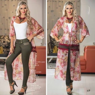 REF. 90214
Sobretodo en chifón y guipur
COLOR: Único
TALLA: S,M,L,XL
$ 94.900
REF. 90229
Blusa básica en tejido
de punto
COLOR: Marfil
TALLA: S,M,L,XL
$ 29.900
REF. 94464
Pantalón en drill
COLOR: Verde militar
TALLA: 8,10,12,14
$ 84.900 65
 