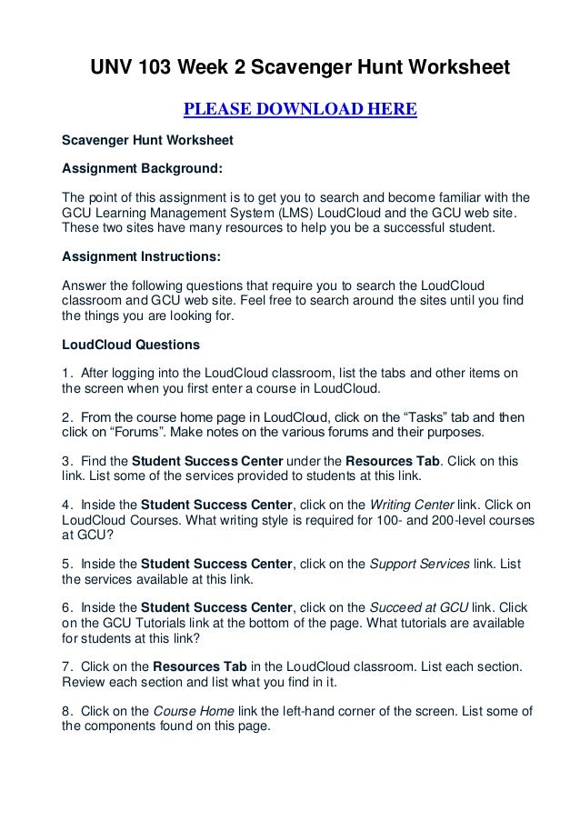 Unv 103 Week 2 Scavenger Hunt Worksheet