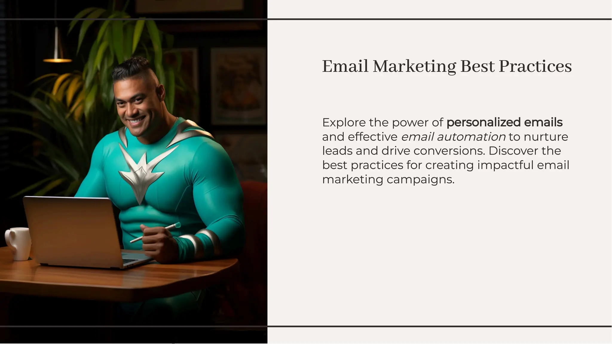 Email Marketing Best Practices
Email Marketing Best Practices
Explore the power of personalized emails
and effective email automation to nurture
leads and drive conversions. Discover the
best practices for creating impactful email
marketing campaigns.
Explore the power of personalized emails
and effective email automation to nurture
leads and drive conversions. Discover the
best practices for creating impactful email
marketing campaigns.
 