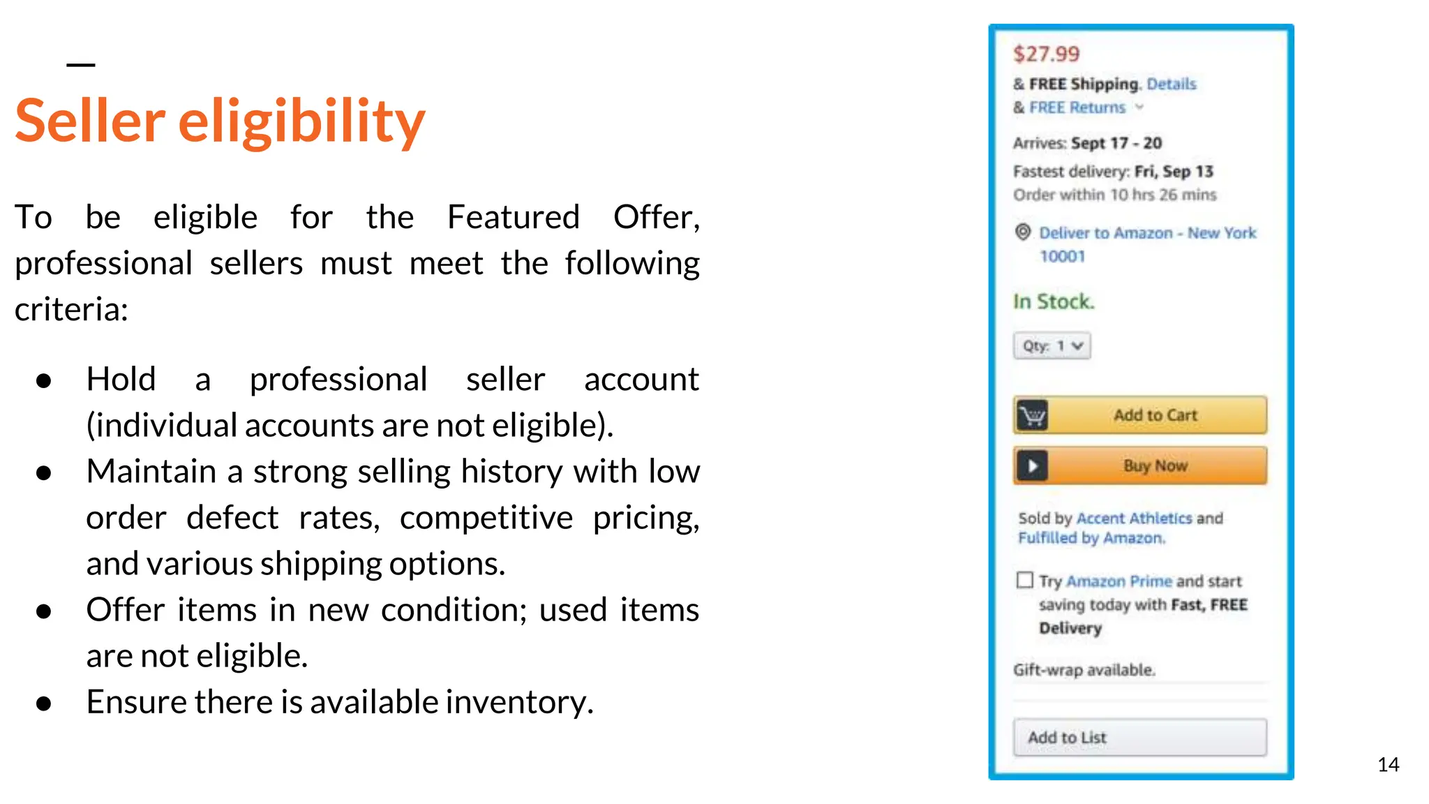 Seller eligibility
To be eligible for the Featured Offer,
professional sellers must meet the following
criteria:
● Hold a professional seller account
(individual accounts are not eligible).
● Maintain a strong selling history with low
order defect rates, competitive pricing,
and various shipping options.
● Offer items in new condition; used items
are not eligible.
● Ensure there is available inventory.
14
 