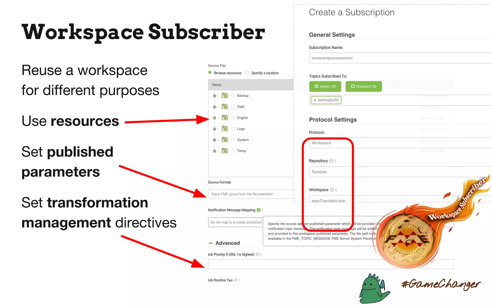Reuse a workspace
for different purposes
Use resources
Set published
parameters
Set transformation
management directives
Workspace Subscriber
#GameChanger
 