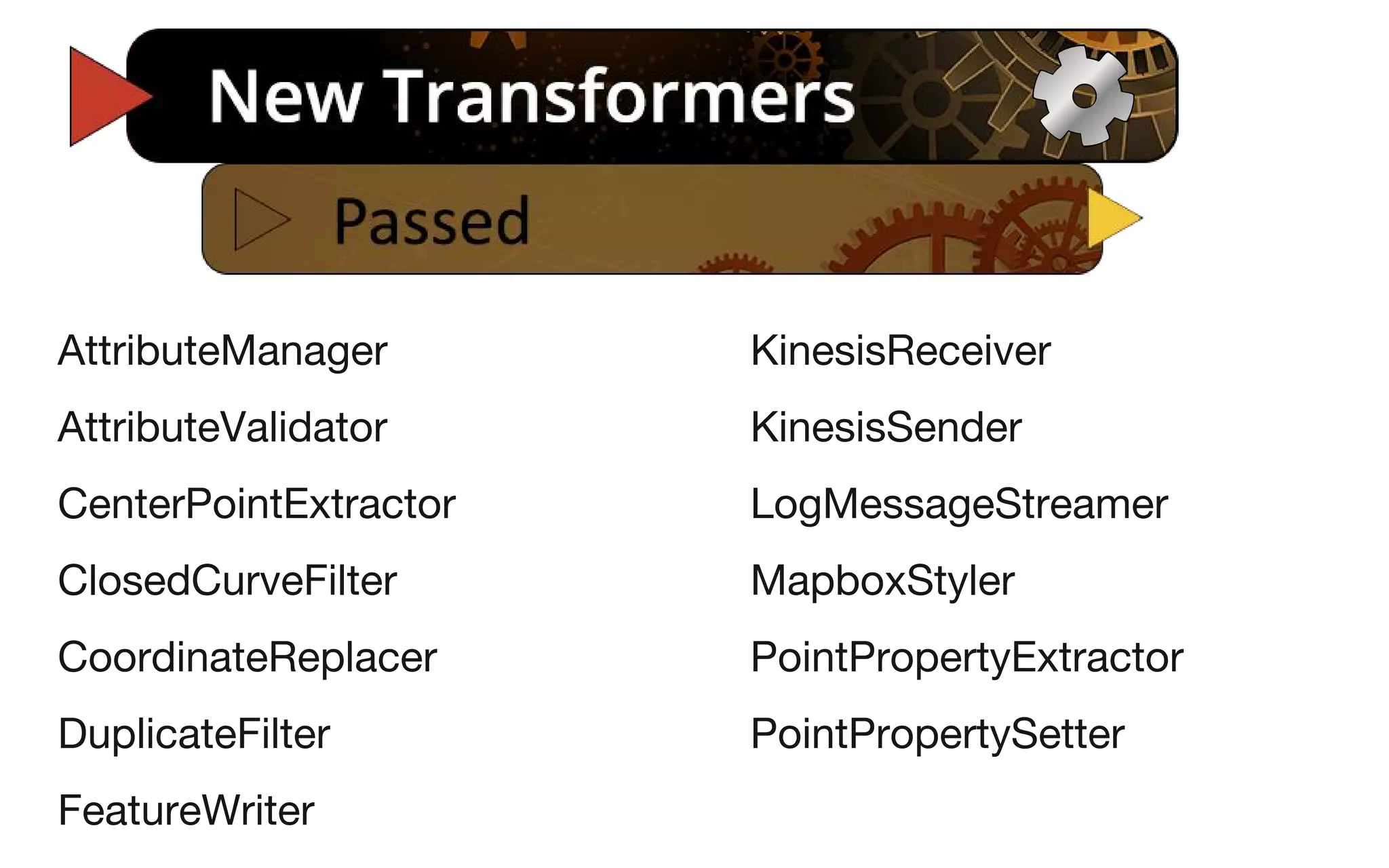 AttributeManager
AttributeValidator
CenterPointExtractor
ClosedCurveFilter
CoordinateReplacer
DuplicateFilter
FeatureWriter
KinesisReceiver
KinesisSender
LogMessageStreamer
MapboxStyler
PointPropertyExtractor
PointPropertySetter
 