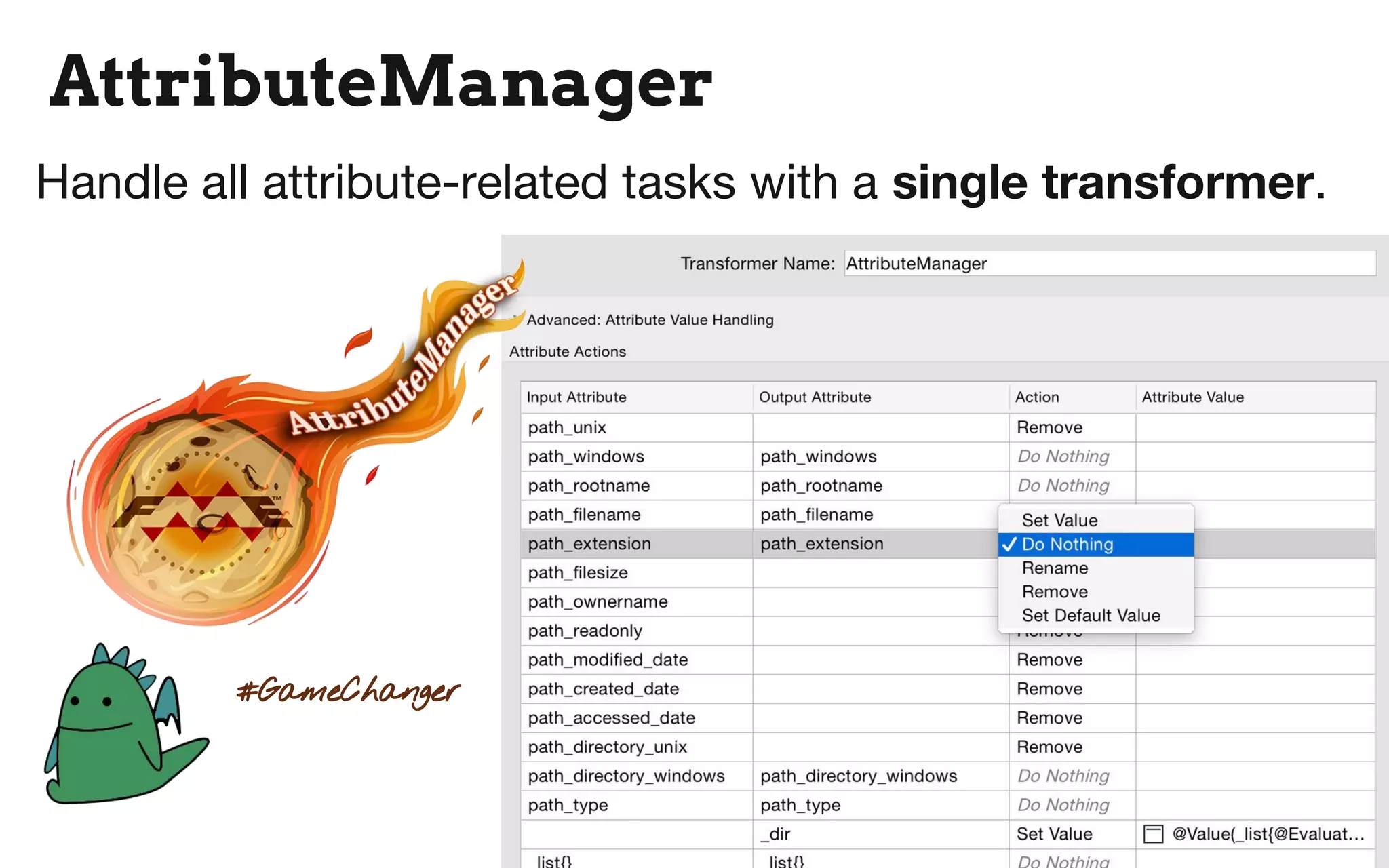 AttributeManager
Handle all attribute-related tasks with a single transformer.
#GameChanger
 
