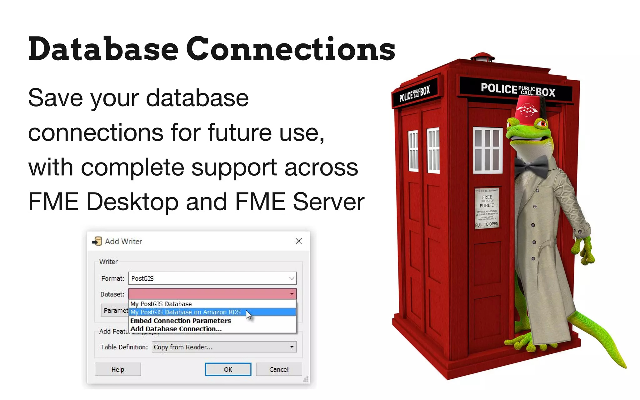 Database Connections
Save your database connections for future use,
with complete support across FME Desktop and
FME Server
 