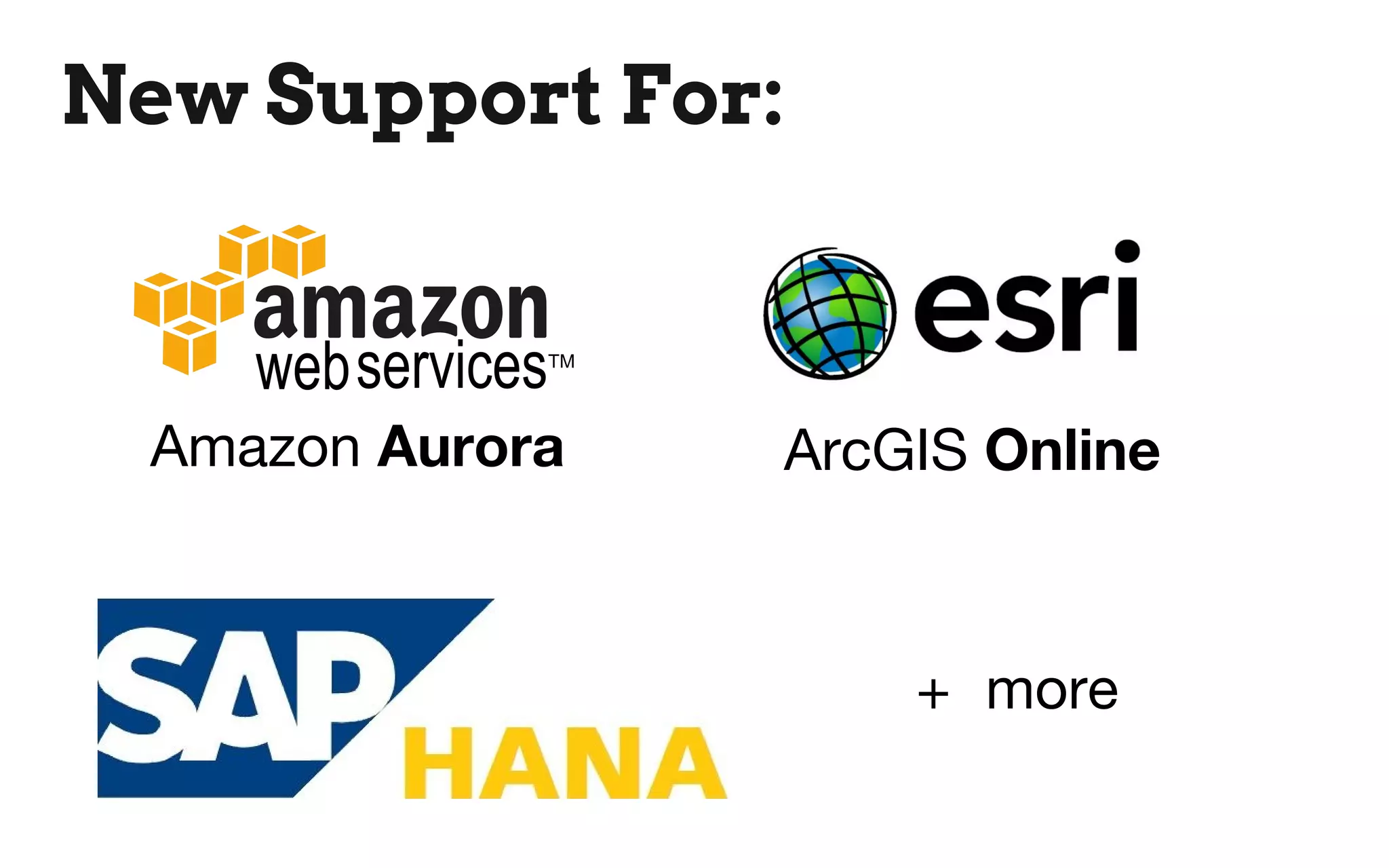 New Support For:
Amazon Aurora ArcGIS Online
+ more
 